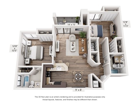 Floor plan for 2 beds, 2 baths, 1197 sqft